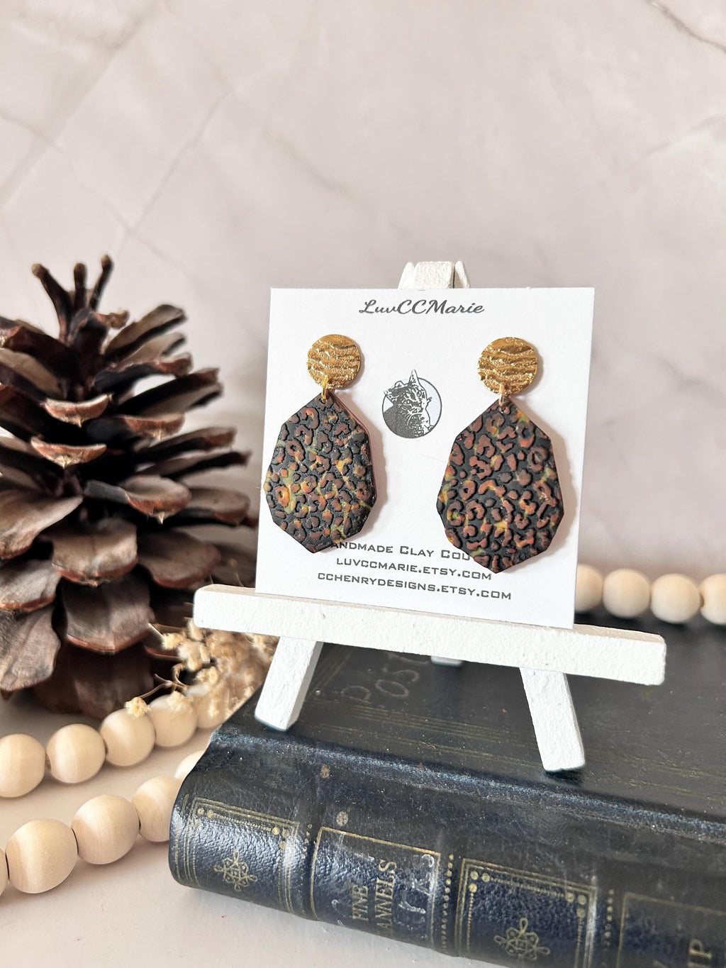 Leopard Print Dangle Earrings, Black and Brown Cheetah Print, Gold Safari Animal Inspired Gifts