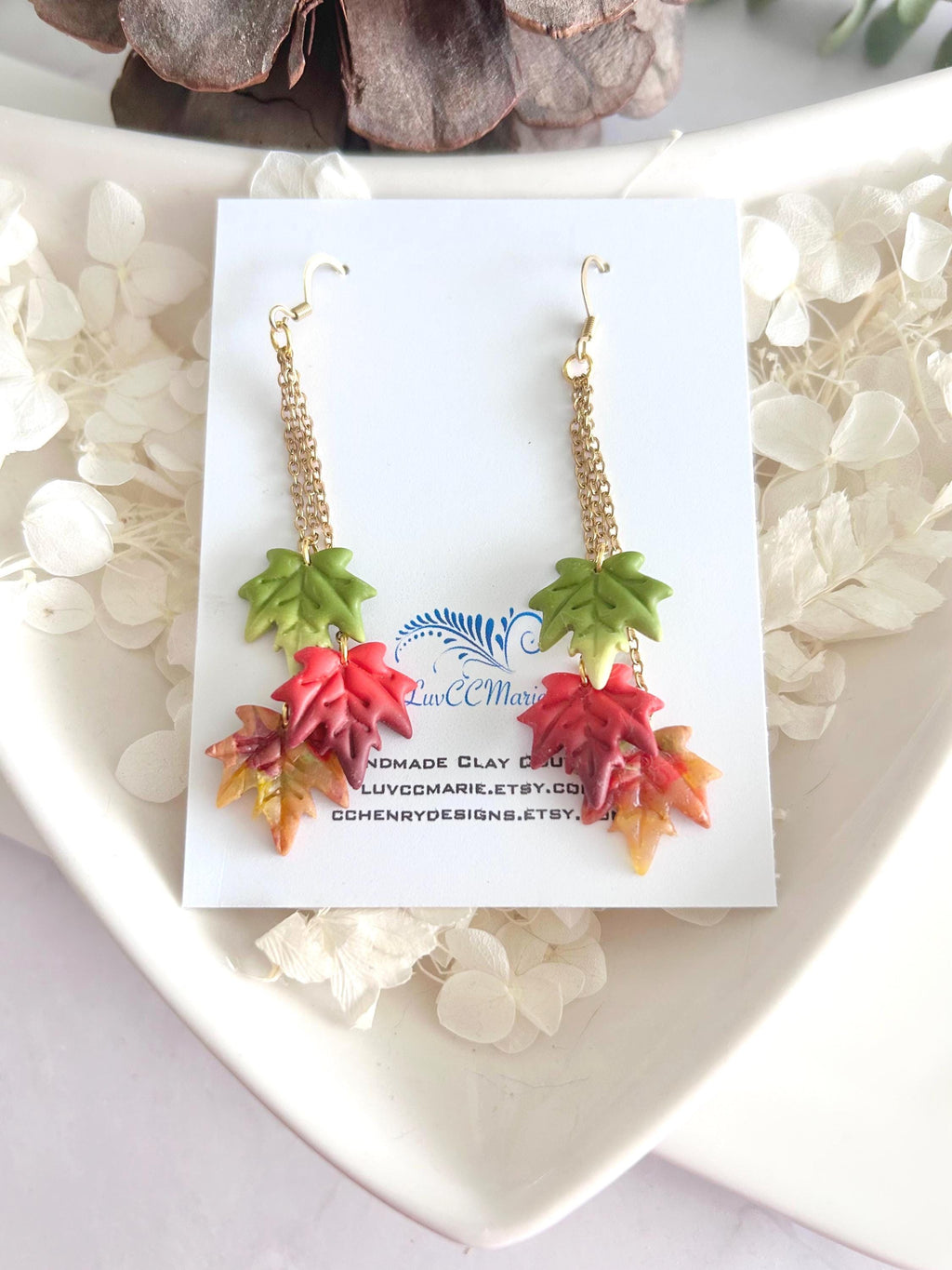 Leaf Earrings, Fall Jewelry, Polymer Clay Ombre Maple Leaves Chain Dangles
