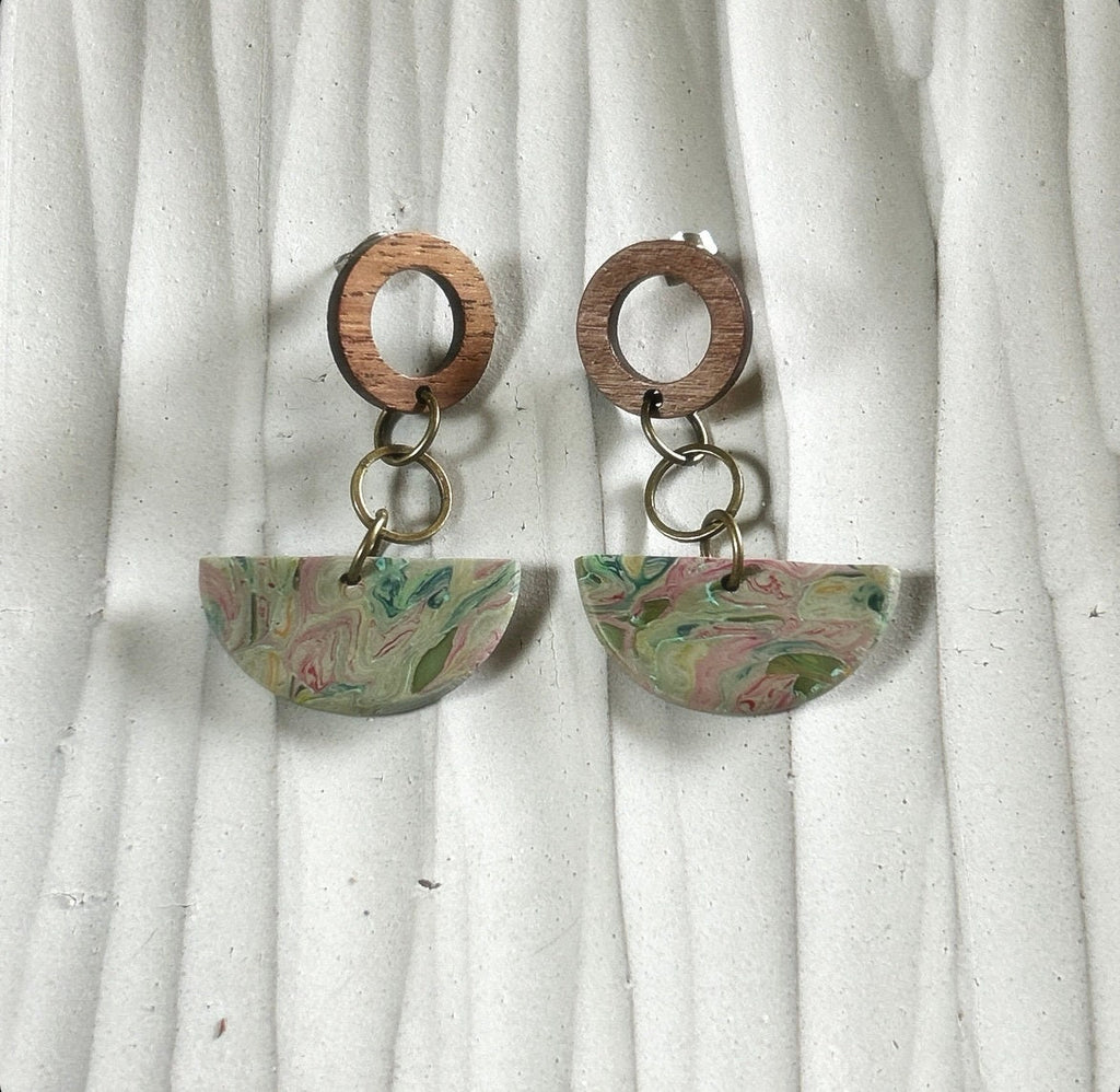 Olive Green Boho Earrings, Clay and Wood Marbled Dangles, Handmade Jewelry Gift For Her