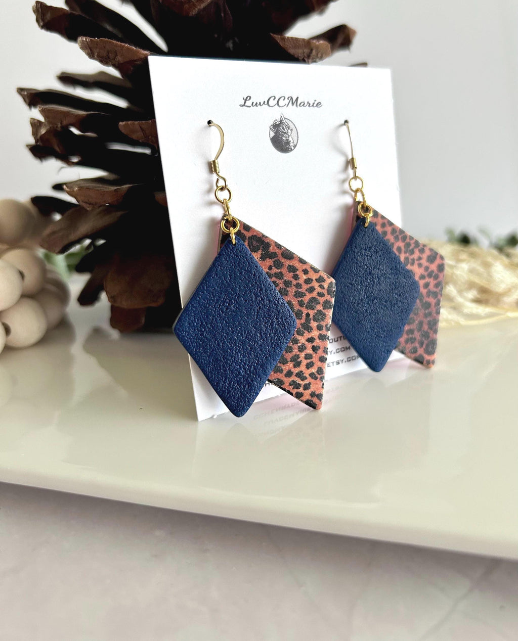 Navy Blue Leopard Print Hoop Earrings, Clay Dangles, Handmade Hypoallergenic Surgical Stainless Steel
