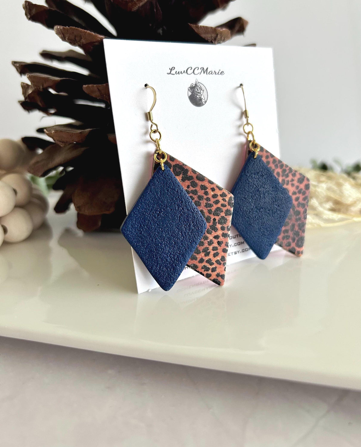 Navy Blue Leopard Print Hoop Earrings, Clay Dangles, Handmade Hypoallergenic Surgical Stainless Steel