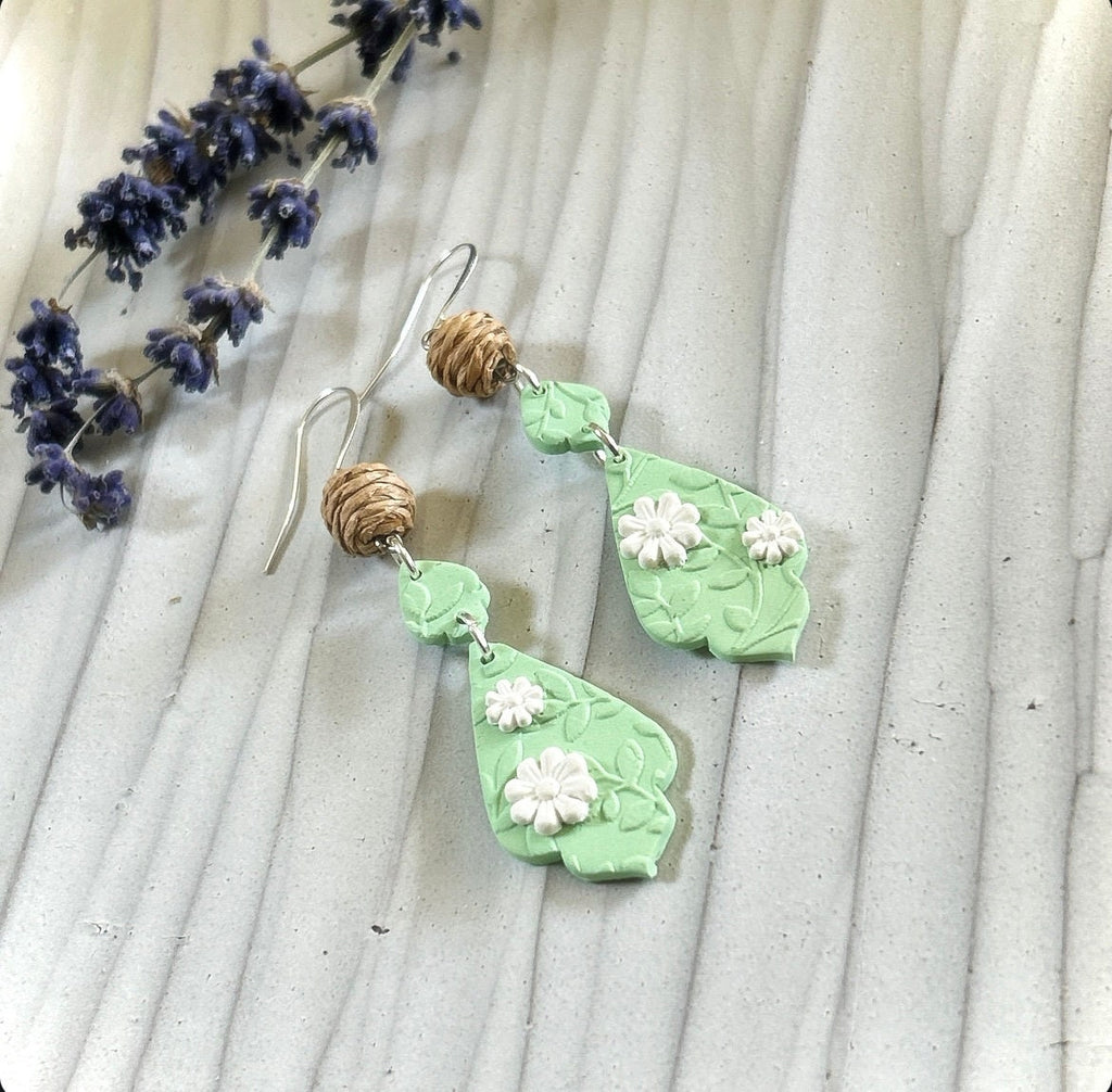 Green and White Daisy Earrings, Clay Drop Long Dangles, Handmade Floral Flower Jewelry