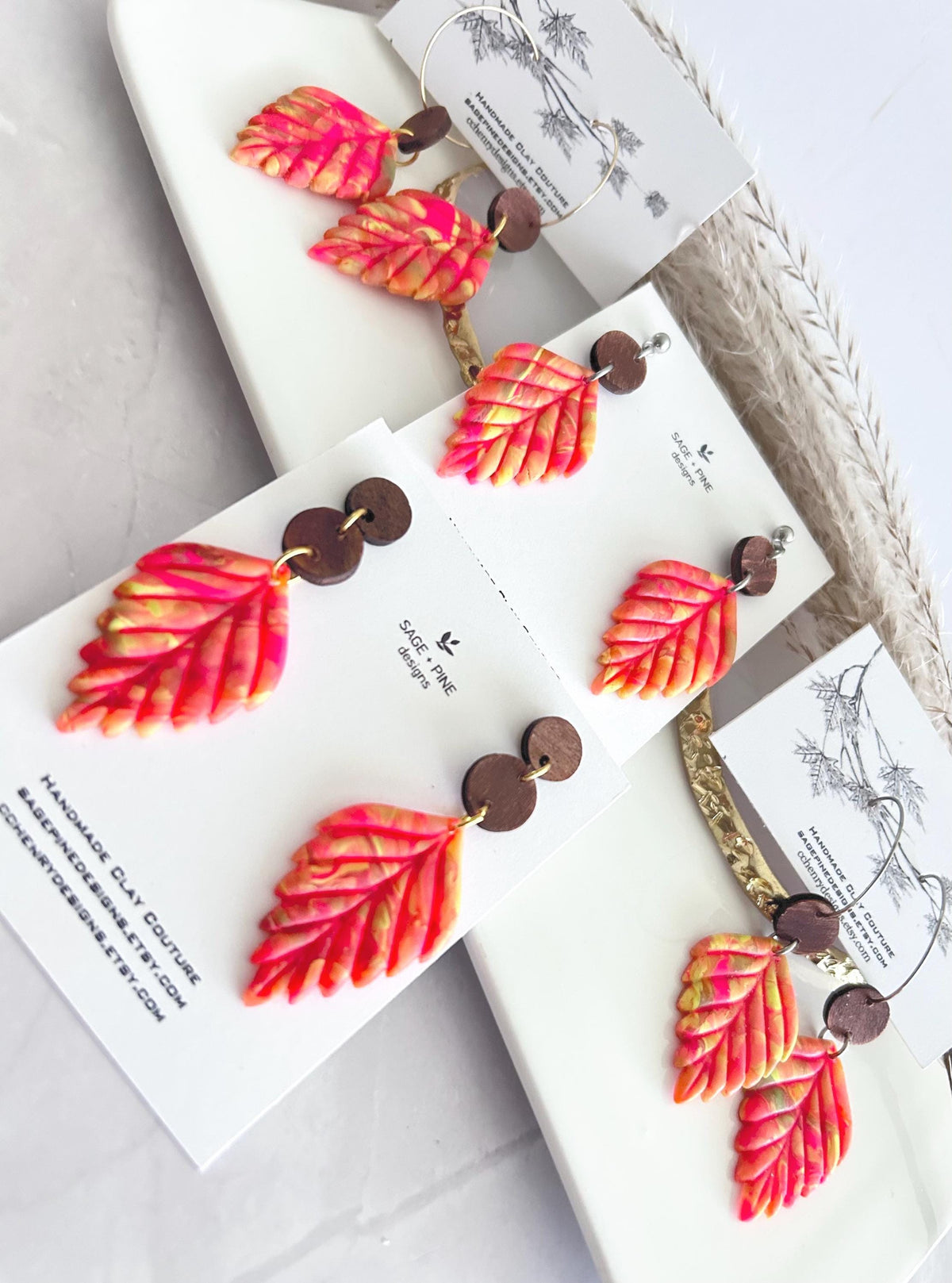 Neon Leaf Earrings, Walnut Wood Bead Earrings, Multicolor Dangles, Hypoallergenic Clay Lightweight Jewelry