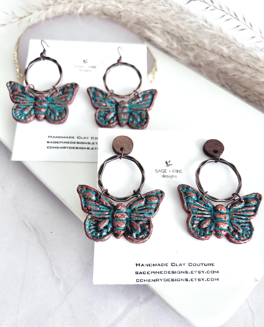 Copper Patina Rustic Moth Clay Earrings, Blue Green Insect Dangles, Lightweight Hypoallergenic