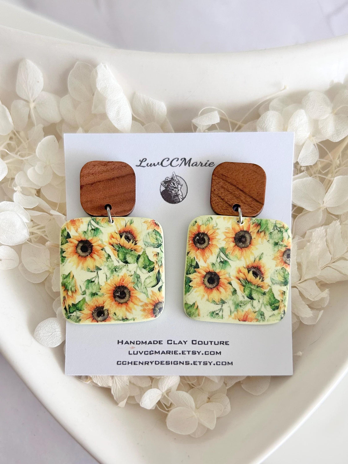 Boho Floral Earrings, Pale Yellow Wood Clay Dangles, Boho Sunflower Jewelry, Handmade Sunflower Themed Gift