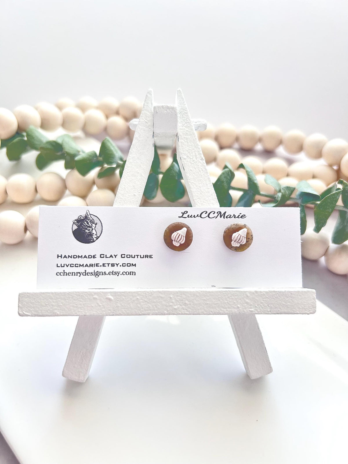 Seashell Studs, Beige and White Stud Earrings, Coastal Vacation Handmade Clay Jewelry Gift
