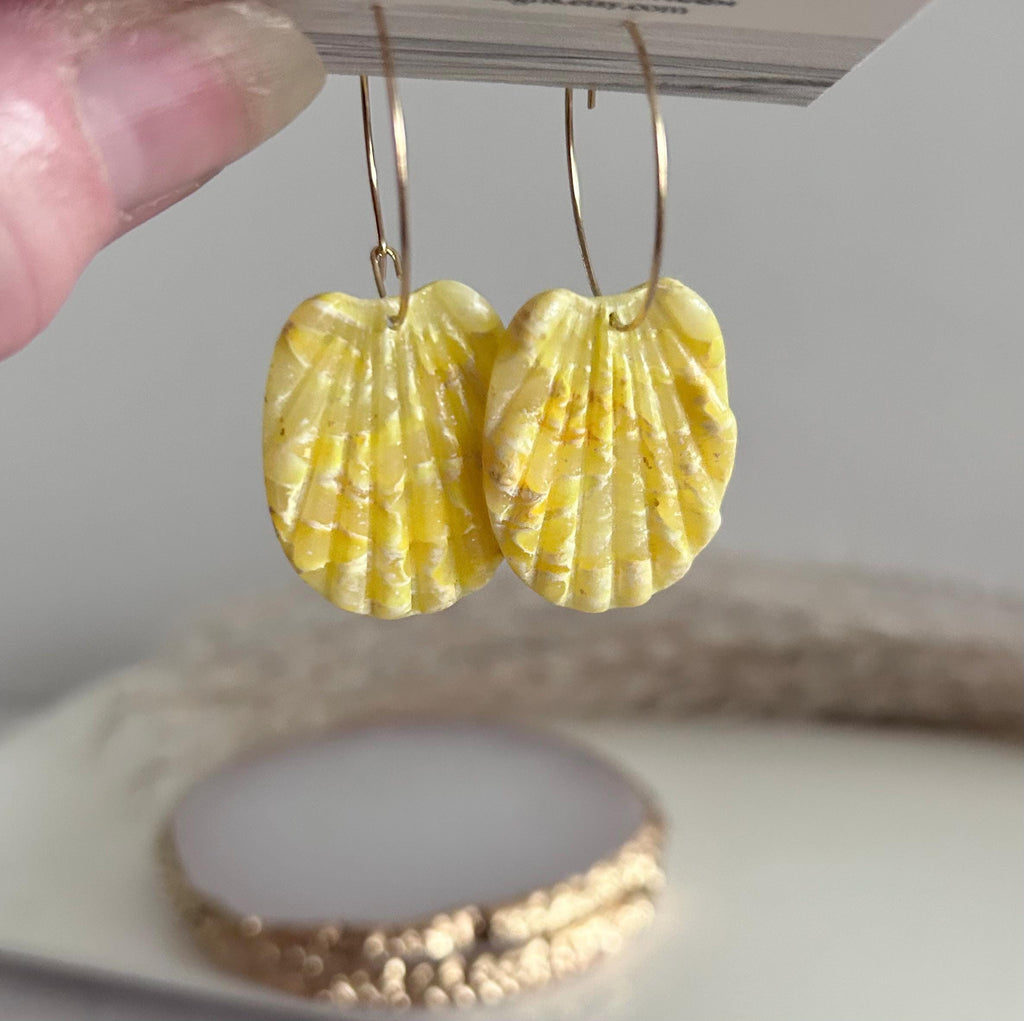 Handmade Clay Butter Yellow Shell Earrings, Seashell Hoop Dangles, Coastal Vacation Beach Jewelry
