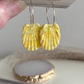 Handmade Clay Butter Yellow Shell Earrings, Seashell Hoop Dangles, Coastal Vacation Beach Jewelry