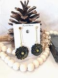 Handmade Black Dahlia Clay Earrings: Gold Floral Bar Dangles