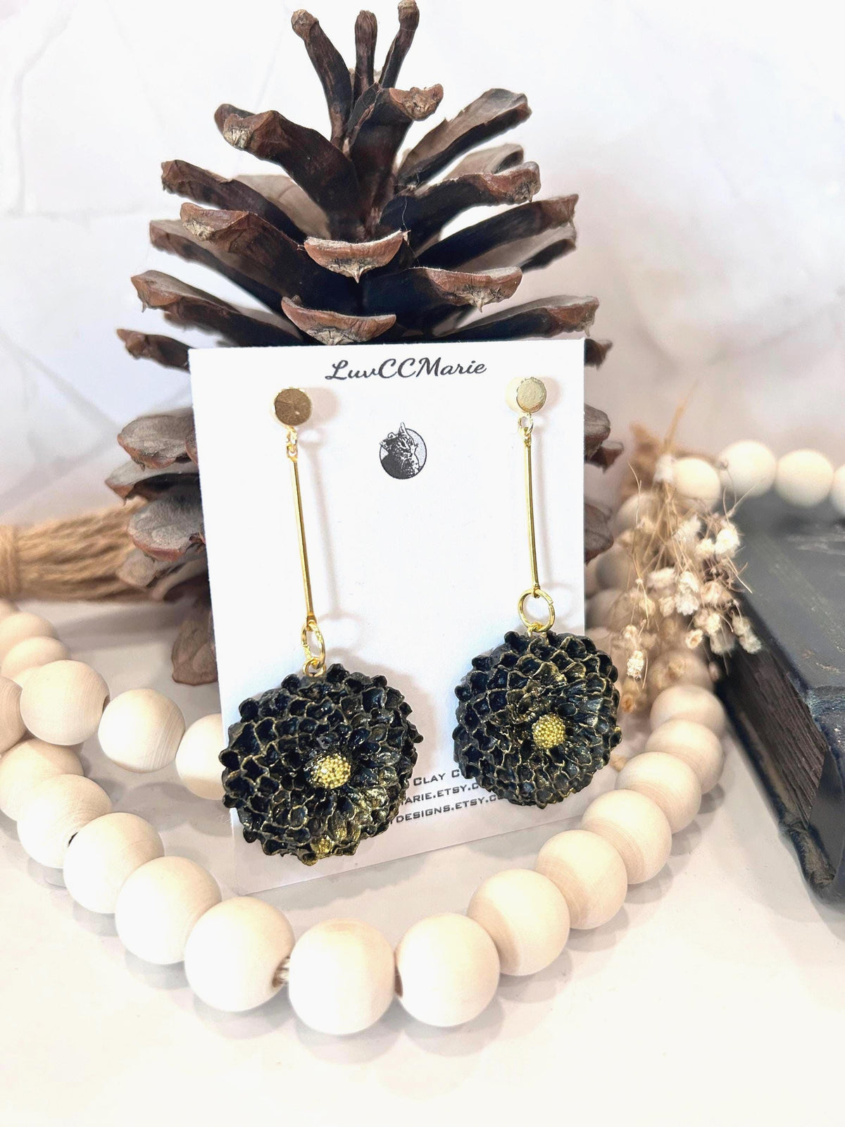 Handmade Black Dahlia Clay Earrings: Gold Floral Bar Dangles