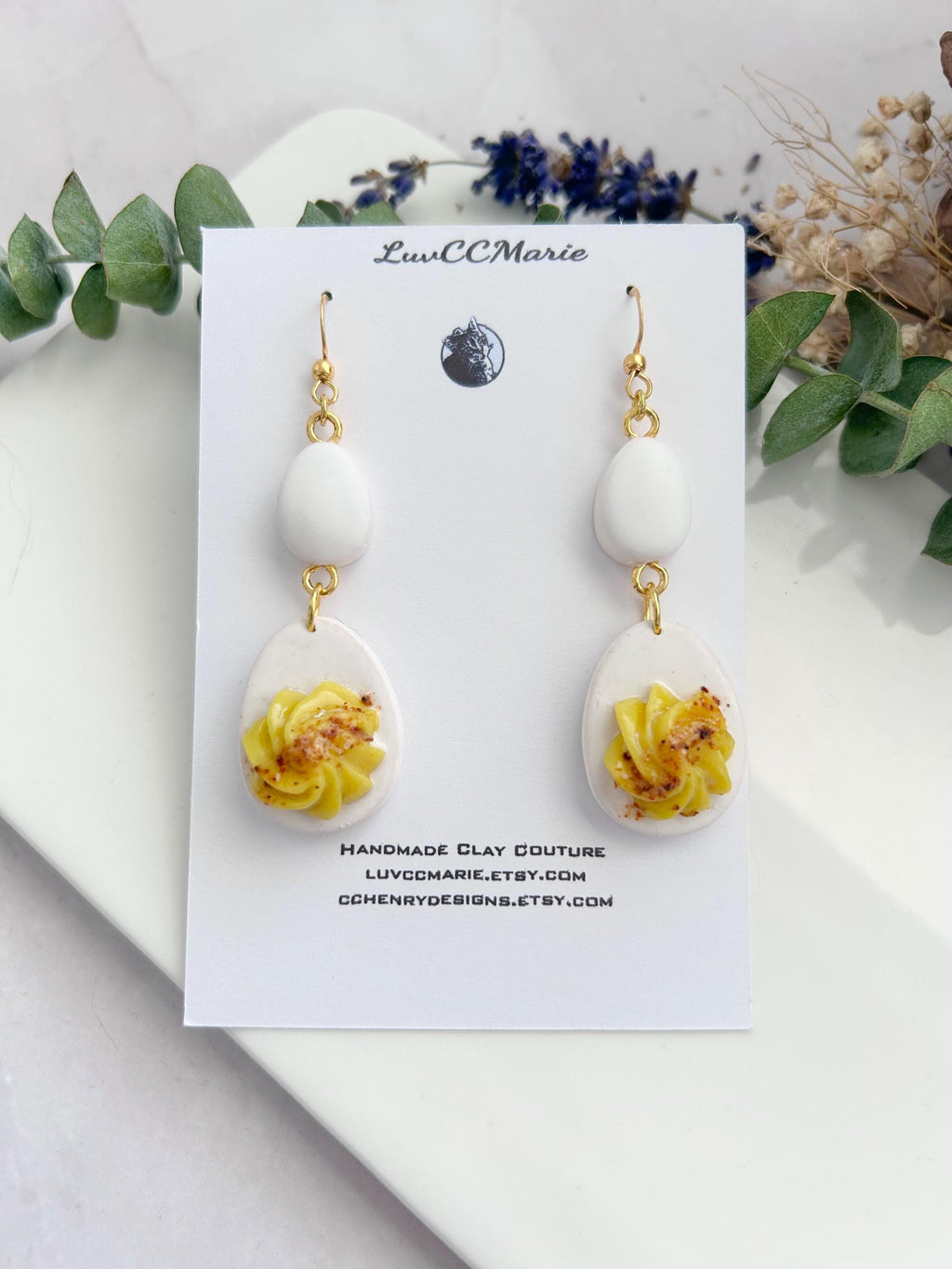 Mini Deviled Eggs Foodie Earrings, Food Shaped Dangles, Funny Egg Gift, Handmade Clay Whimsical Jewelry