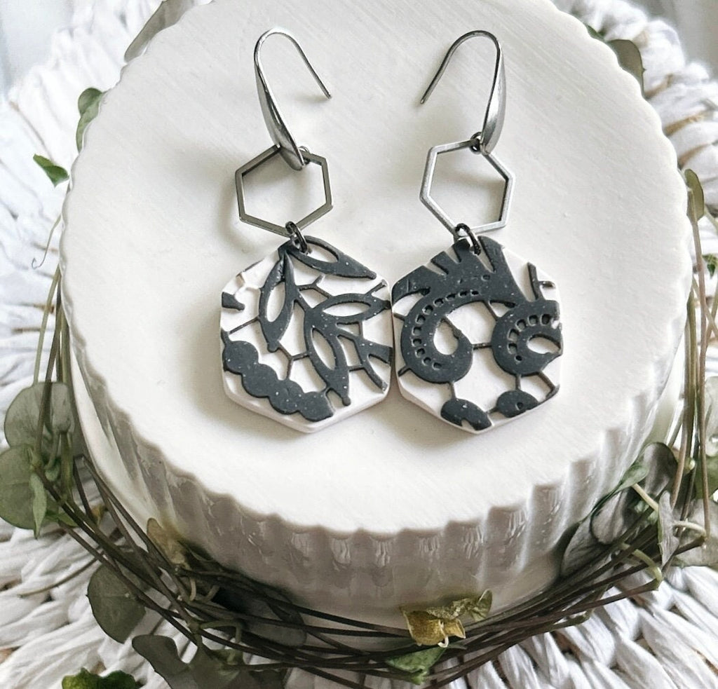 Charcoal Lace Hexagon Hoop Dangle Earrings, Boho Bridal Handmade Jewelry