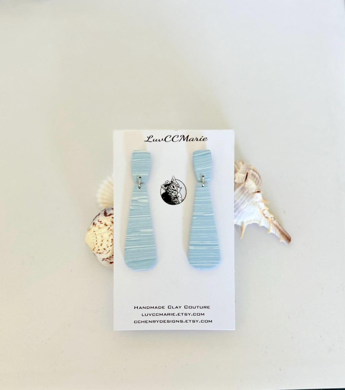 Light Blue and White Striped Dangle Earrings, Dusty Stud Dangles, Handmade Boho Jewelry Gift
