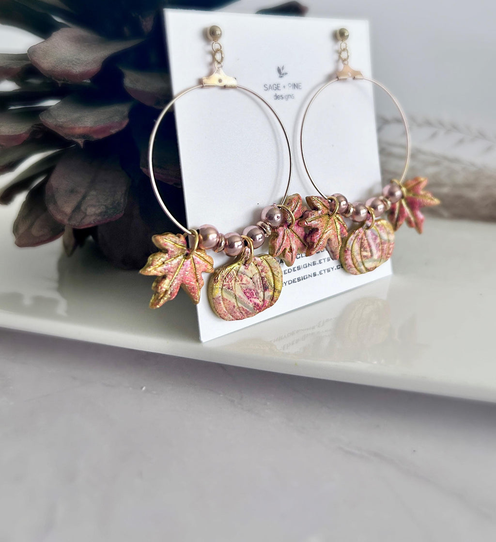 Fall Leaf Clay Earrings, Pumpkin Maple Beaded Hoop Dangles, Boho Hypoallergenic Lightweight Jewelry