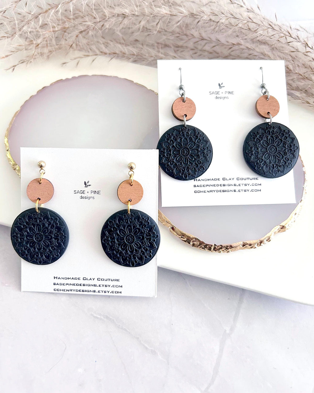 Matte Black Mandala Dangle Clay Earrings, Lightweight Wood Hypoallergenic Dangles, Modern Minimalist