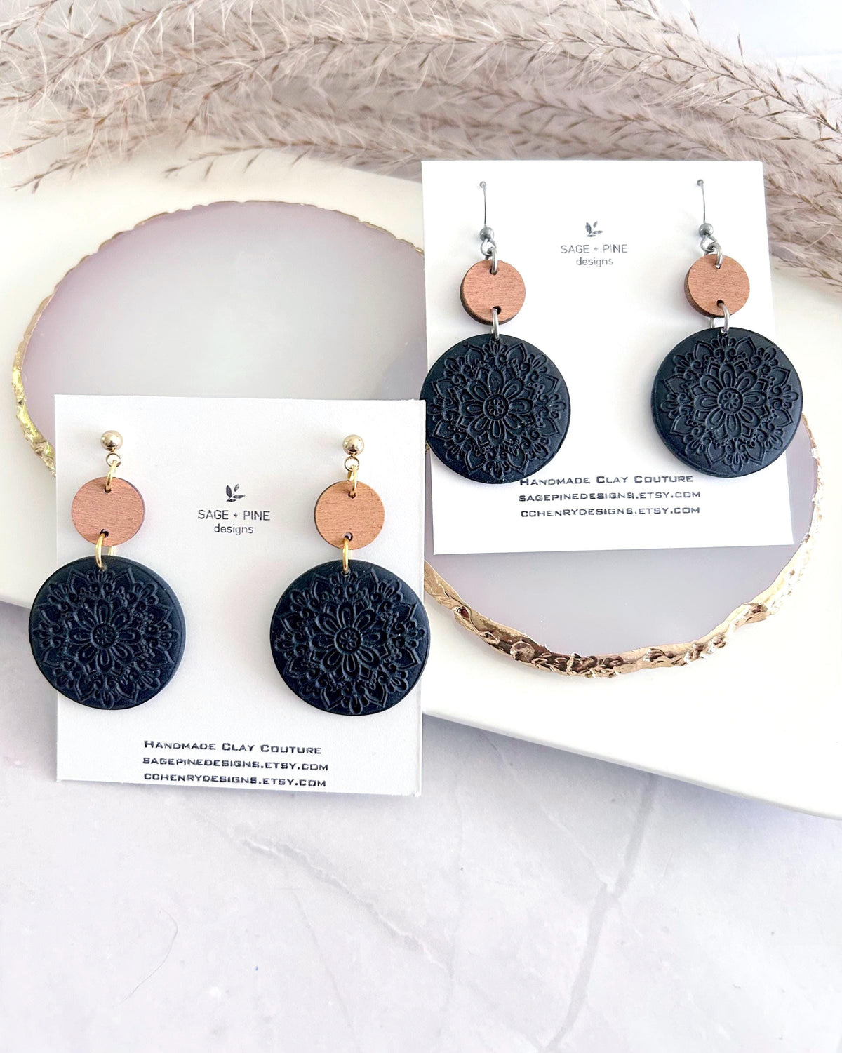 Matte Black Mandala Dangle Clay Earrings, Lightweight Wood Hypoallergenic Dangles, Modern Minimalist