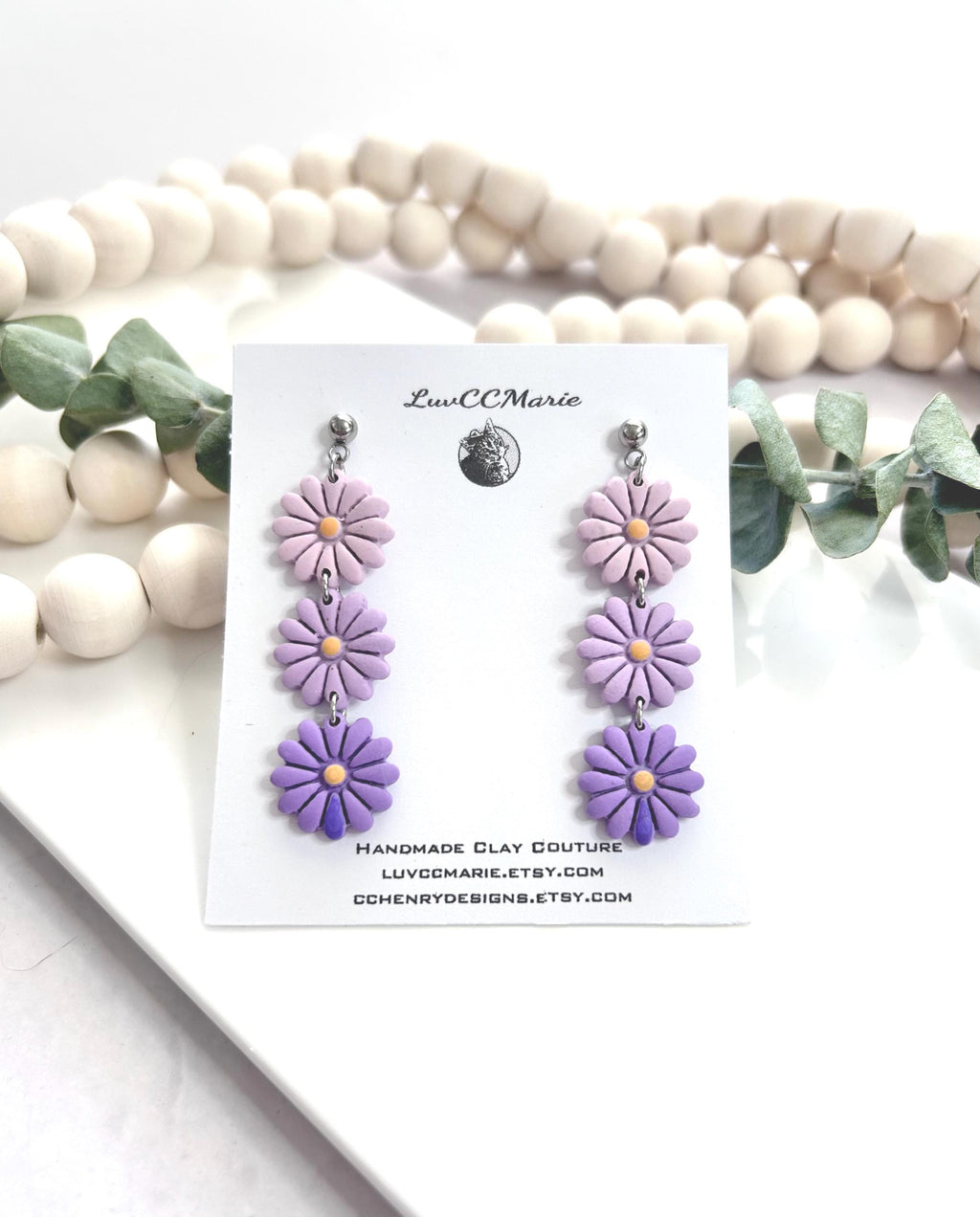 Handmade Purple Daisy Dangle Earrings: Kawaii Clay Floral Boho Jewelry