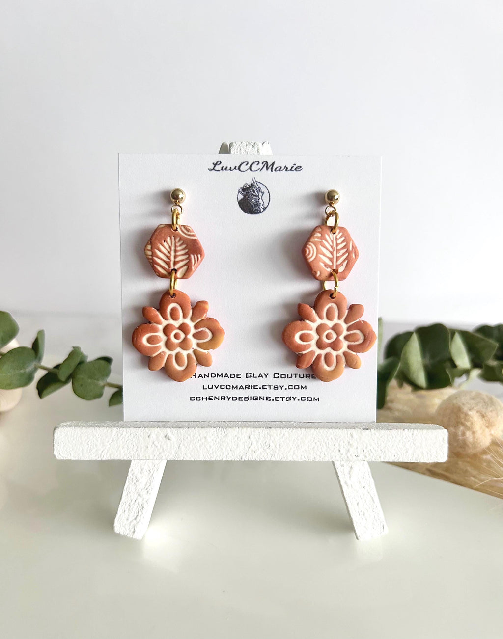 Terracotta Mexican Tile Dangles, Fall Earrings, Clay Bohemian Handmade Lightweight