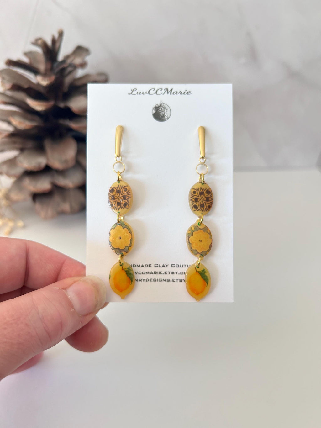Lemon Mexican Tile Dangles, Santorini Earrings, Yellow Clay Long Handmade Lightweight Hypoallergenic