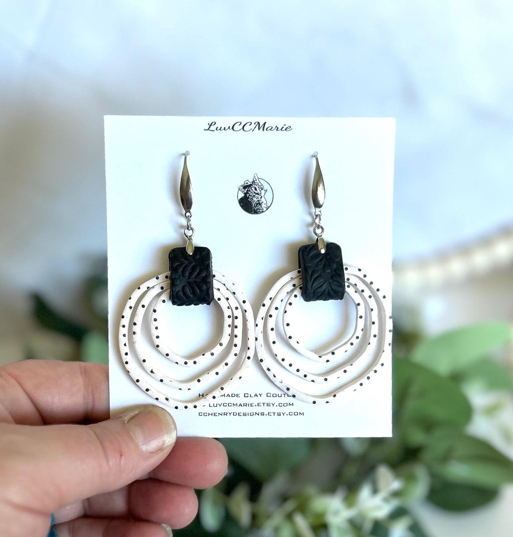 Black and White Polka Dot Hoop Earrings, Handmade Clay Dangles, Stainless Steel, Contemporary Statement