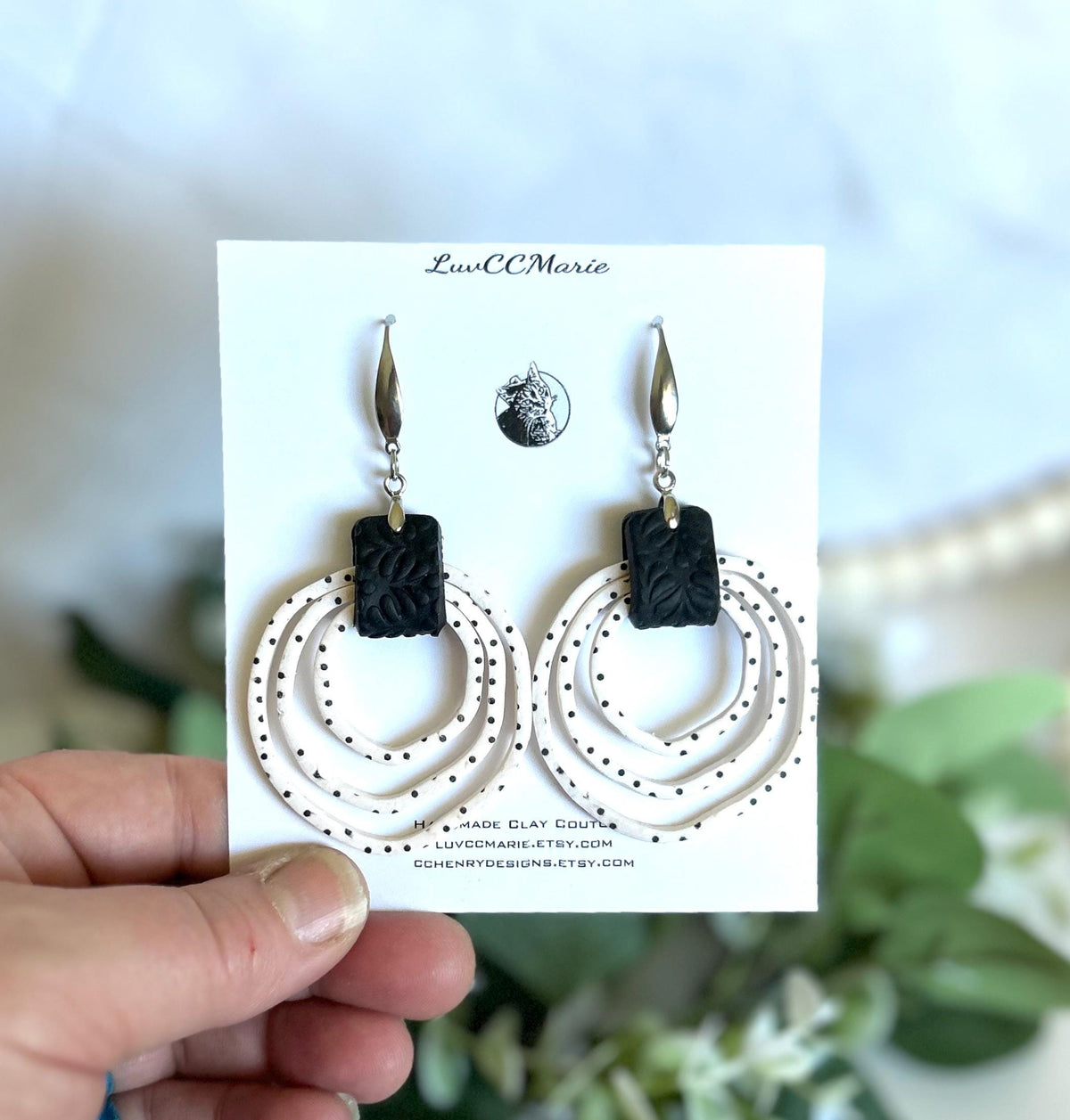Black and White Polka Dot Hoop Earrings, Handmade Clay Dangles, Stainless Steel, Contemporary Statement