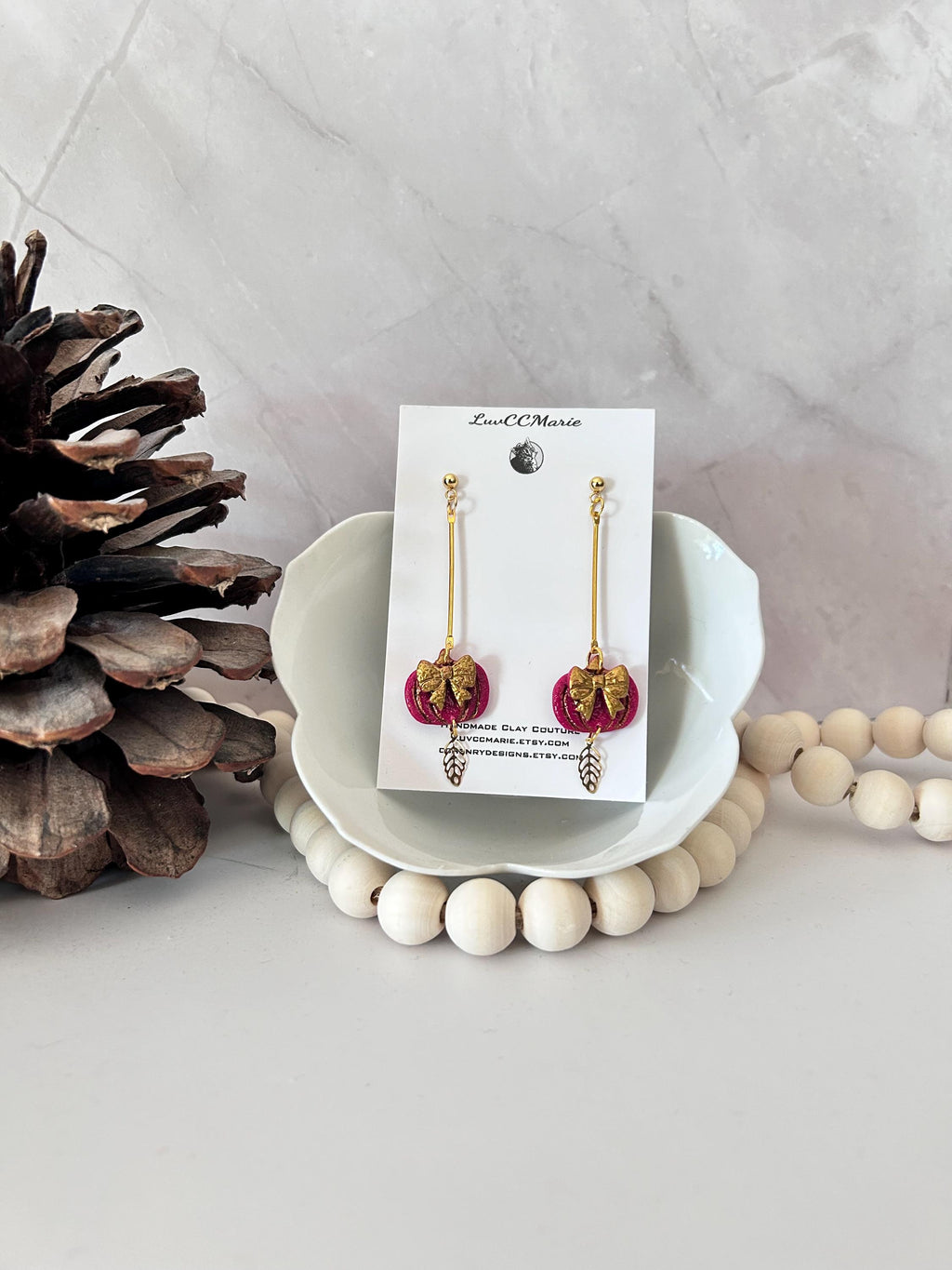 Handmade Pink Pumpkin Earrings: Gold Bow Clay Dangles