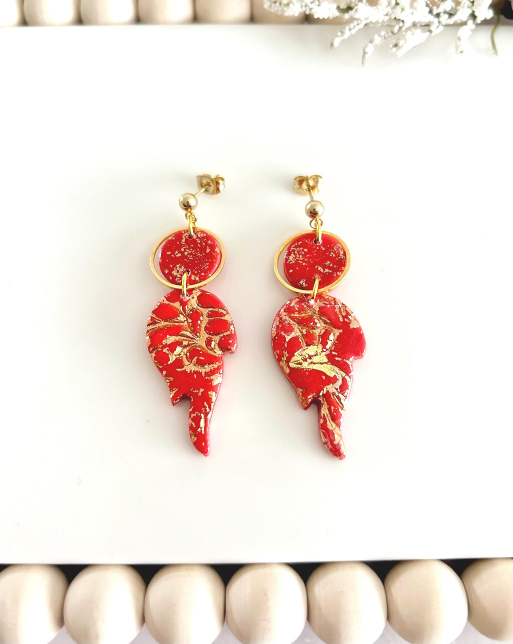 Fire Year Earrings, Red and Gold Flames, Lightweight Clay Drop Dangles