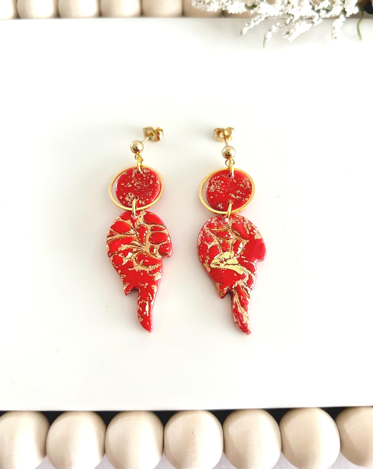 Fire Year Earrings, Red and Gold Flames, Lightweight Clay Drop Dangles