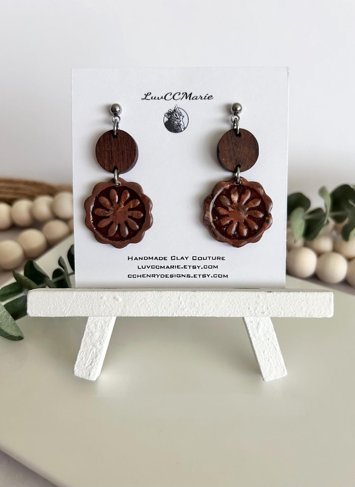 Dark Brown Clay and Wood Dangle Earrings, Santorini Tile Dangles, Fall Neutral Handmade Jewelry Gift
