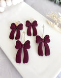 Dark Burgundy Bow Earrings, Fall Statement Hoop Dangles, Maroon Boho Clay Handmade Jewelry
