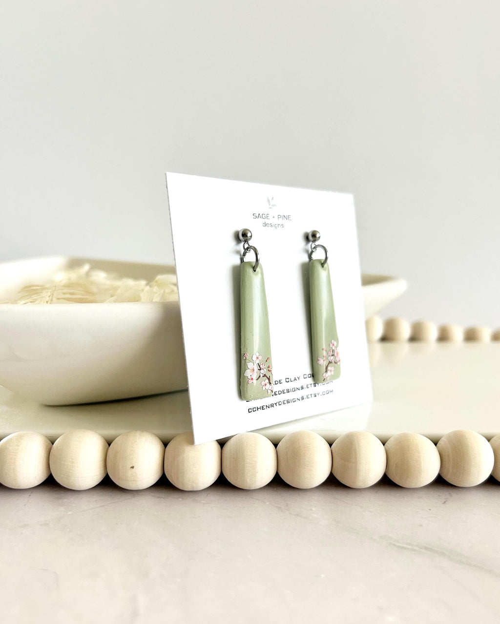 Sage Green Cherry Blossom Handmade Clay Dangle Earrings, Drop Dangles, Lightweight Jewelry