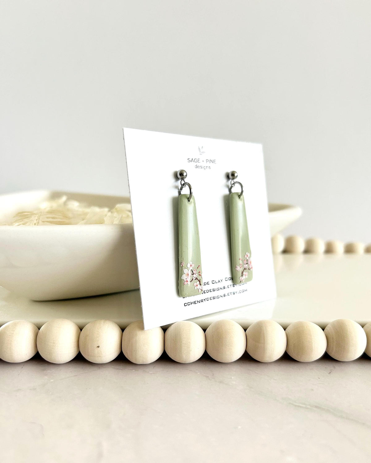 Sage Green Cherry Blossom Handmade Clay Dangle Earrings, Drop Dangles, Lightweight Jewelry