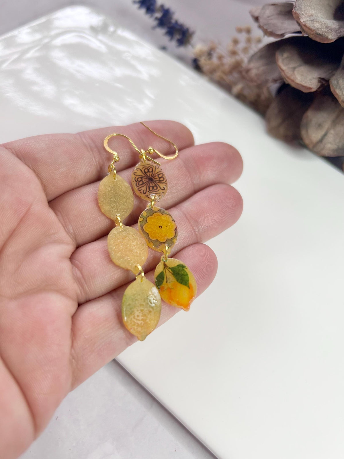 Lemon Mexican Tile Dangles, Santorini Earrings, Yellow Clay Long Handmade Lightweight Hypoallergenic