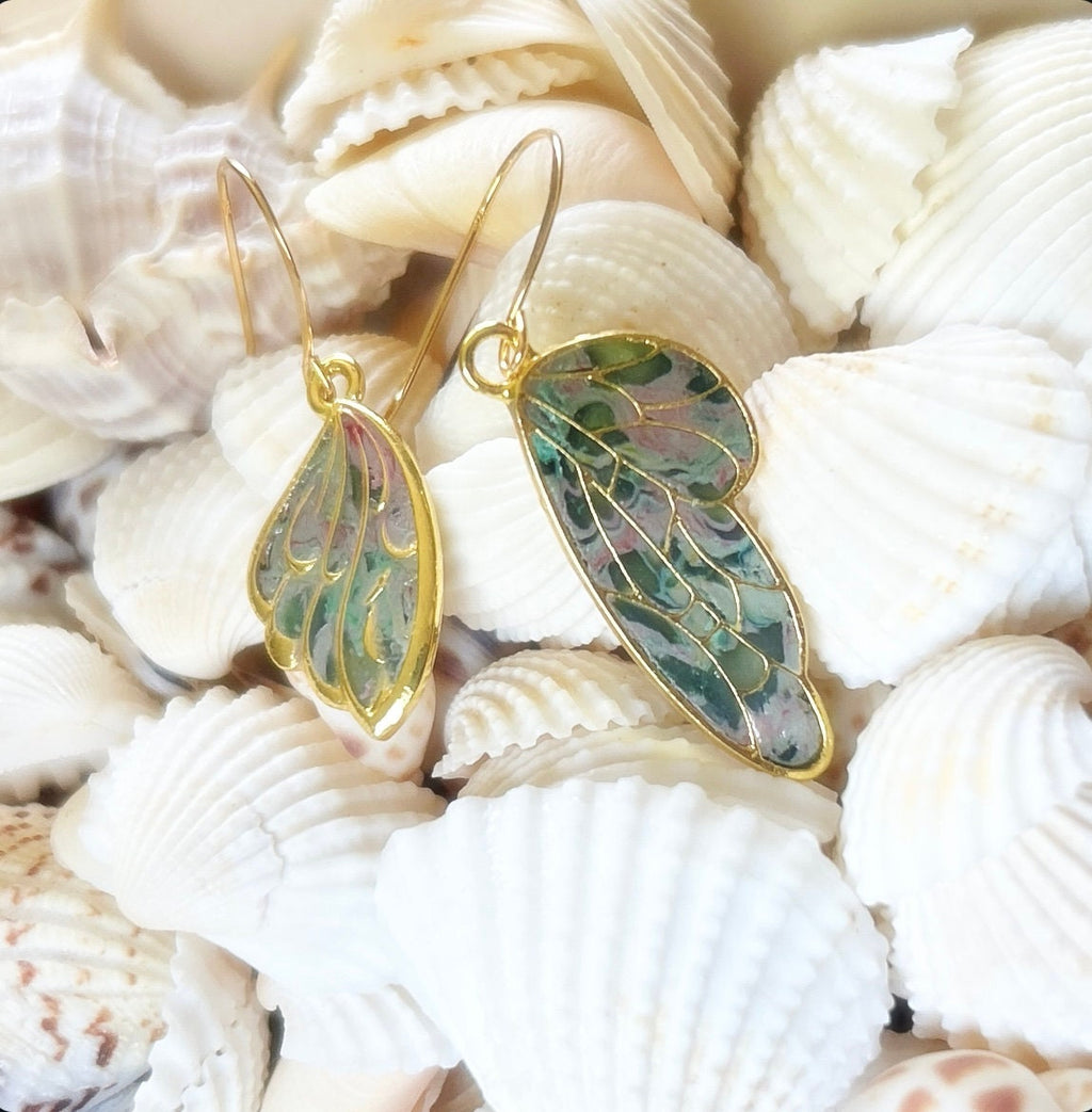 Handmade Clay Wing Earrings, Gold Dangles, Small Lightweight Boho Jewelry