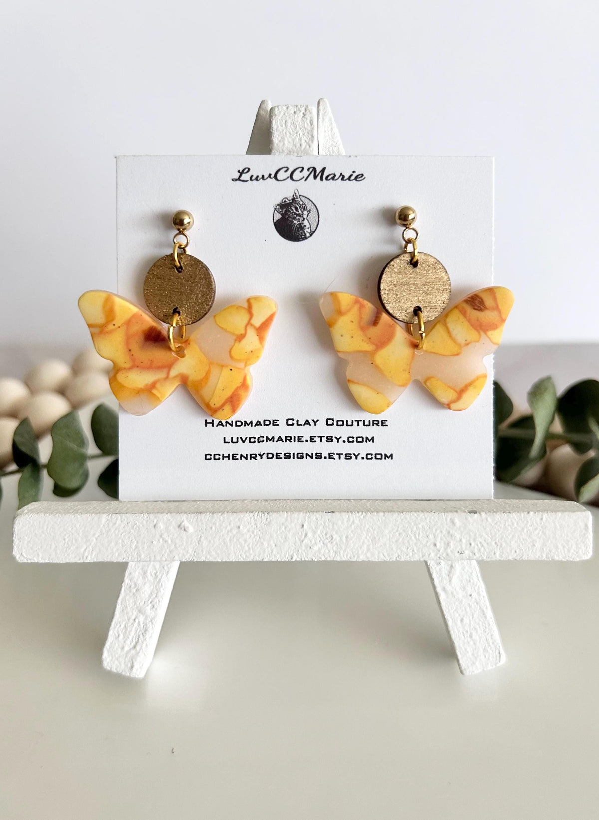 Yellow and Gold Butterfly Earrings, Daffodil Flower Clay and Wood Drop Dangles