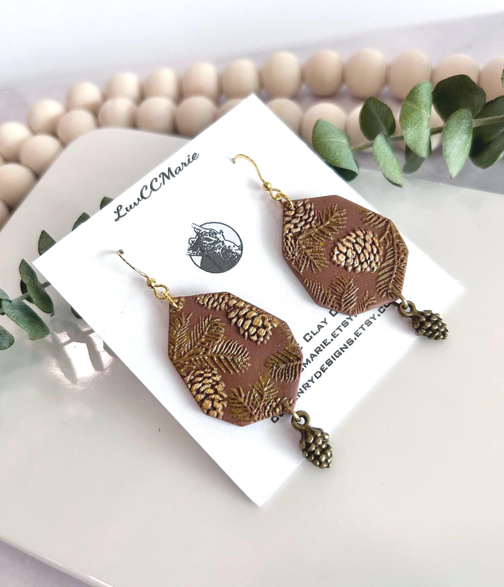 Brown and Gold Fall Earrings, Pine Cone Handmade Dangles, Clay & Bronze, Autumn Jewelry Gift