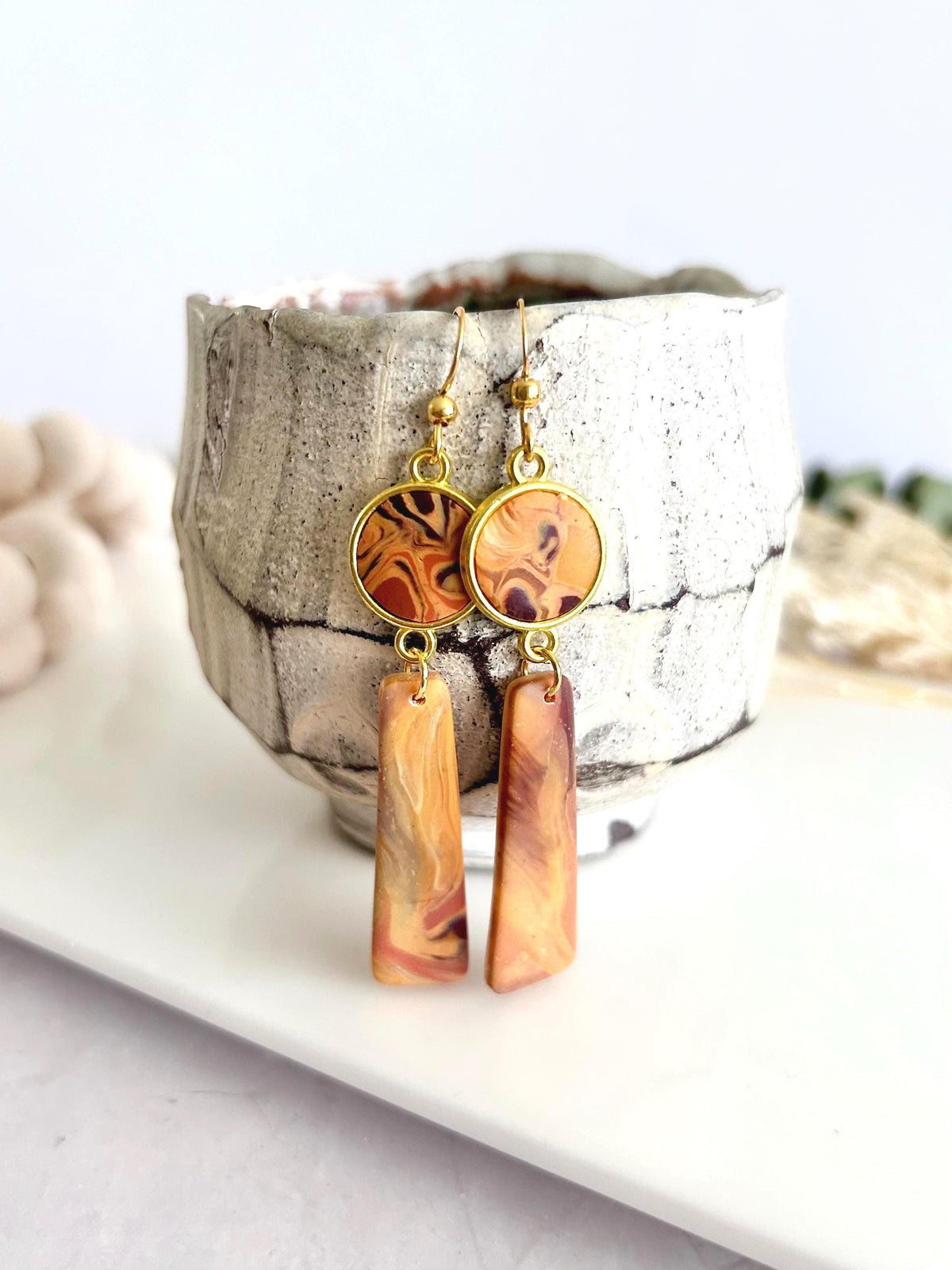 Mustard Yellow Clay Earrings, Abstract Bar Dangles, Long Drop Mid-century Modern Handmade Boho Jewelry