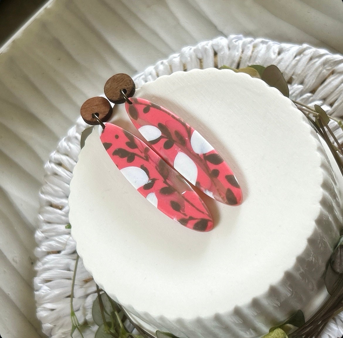 Coral Floral Clay Earrings: Boho Walnut Wood Dangles