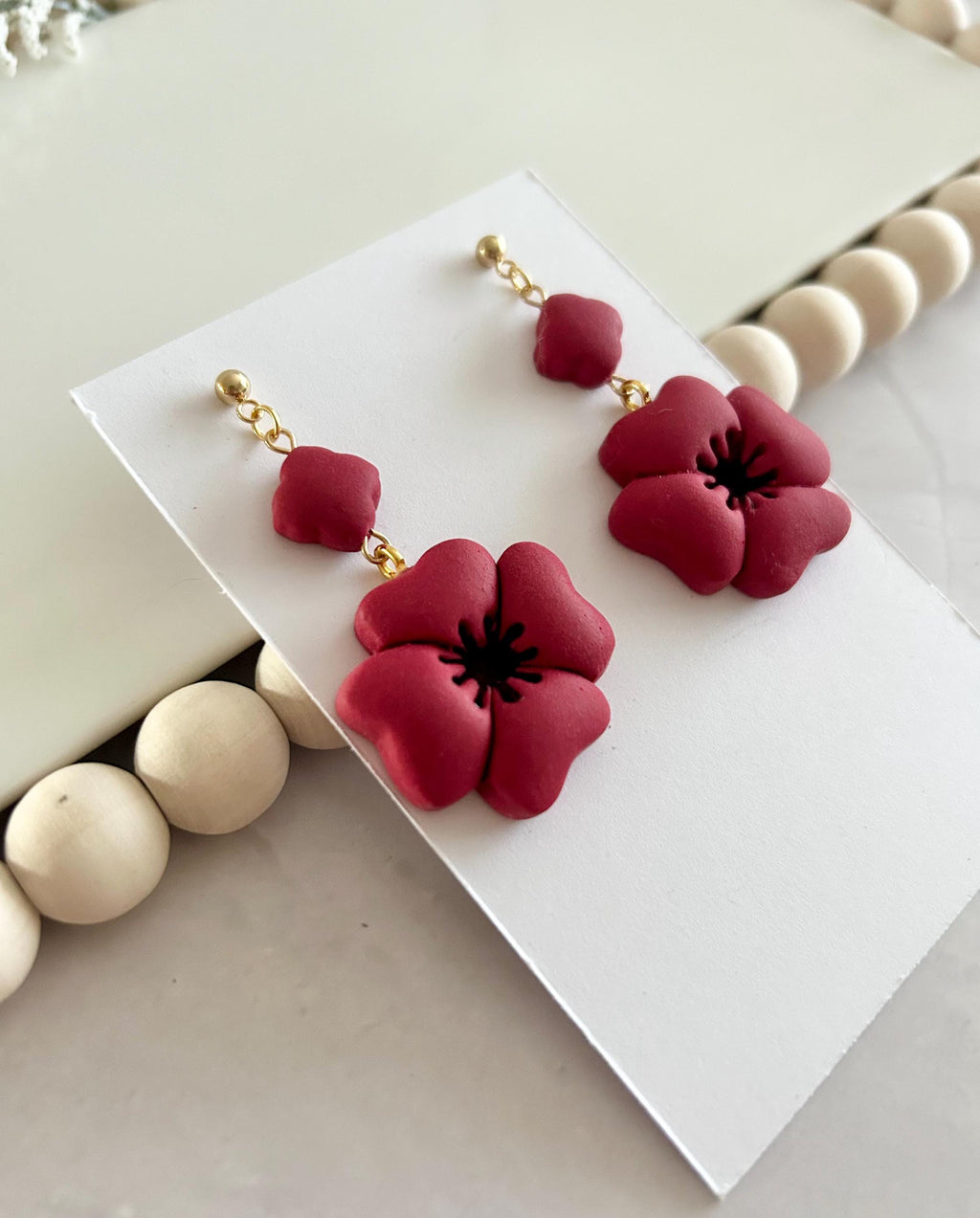 Dark Red Poppy Earrings, Polymer Clay Flora Dangles, Handmade Boho Jewelry Gift