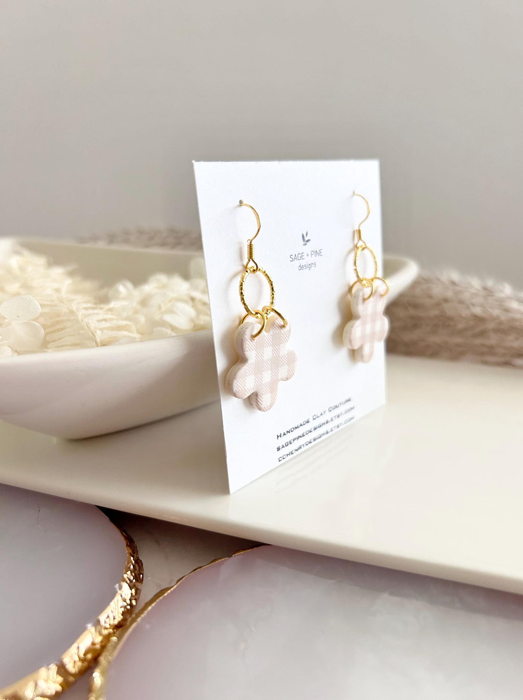 Yellow and Gold Daisy Gingham Clay Earrings, Plaid Dangles, Lightweight Hypoallergenic
