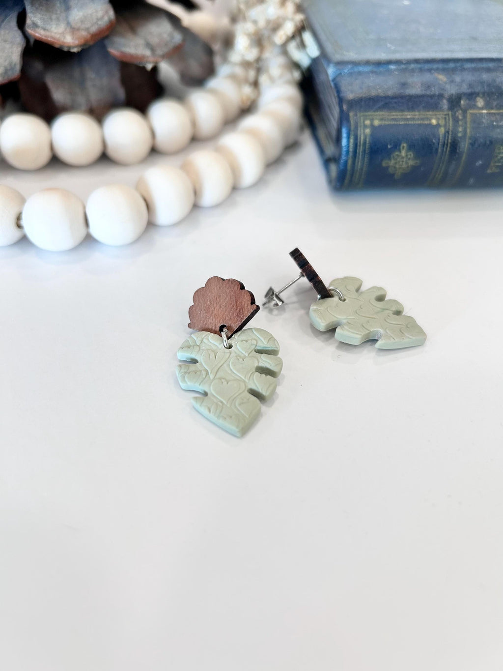 Handmade Sage Green Monstera Heart Clay Earrings, Walnut Studs, Boho Jewelry