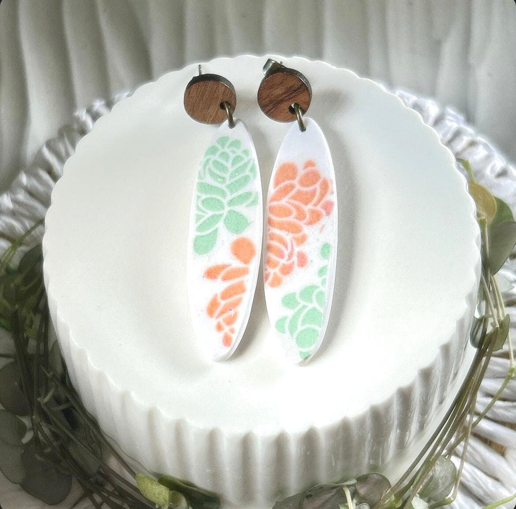 Handmade Succulent Dangle Earrings: Retro Surfboard Clay, Walnut Studs