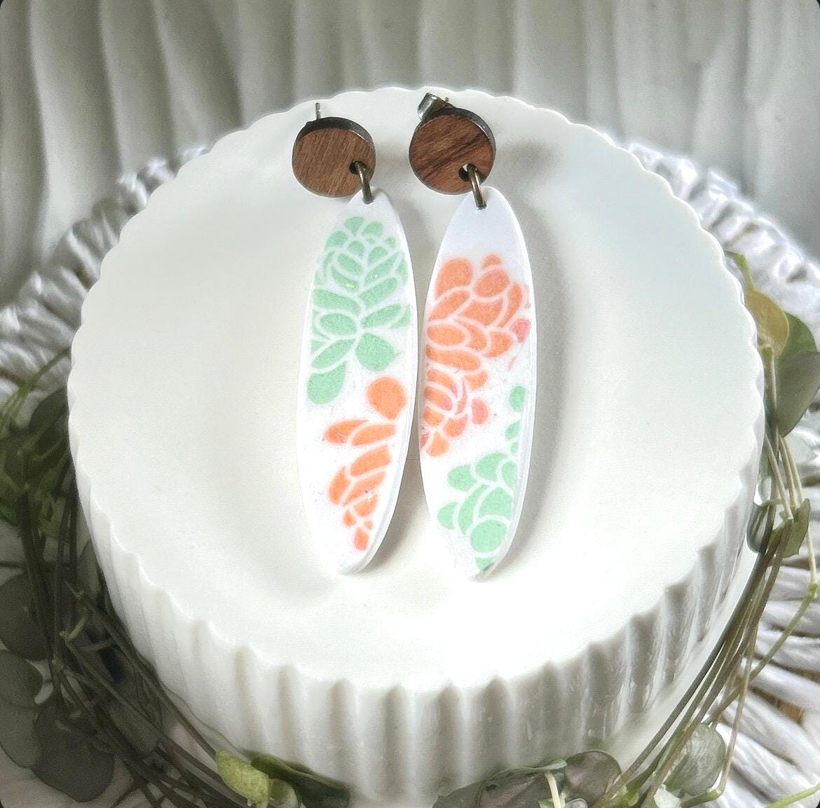 Handmade Succulent Dangle Earrings: Retro Surfboard Clay, Walnut Studs
