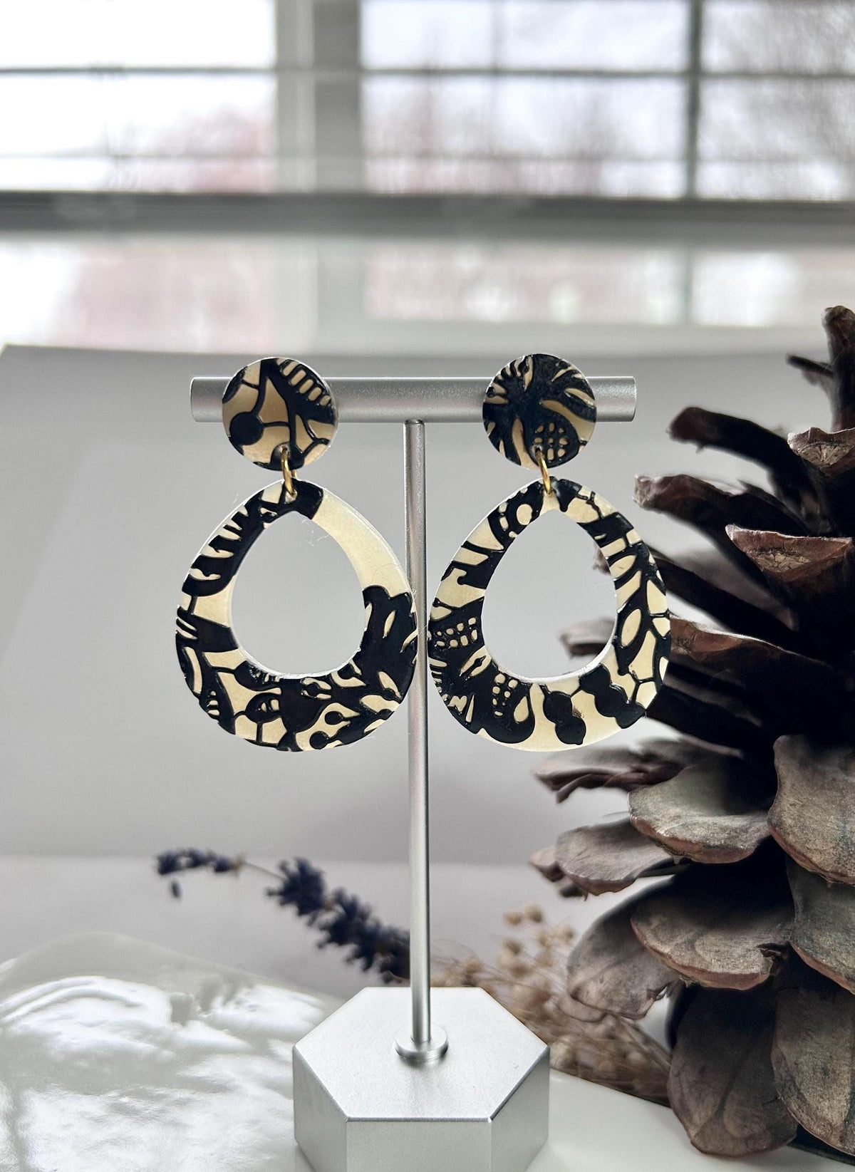 Black and Beige Lace Teardrop Wedding Earrings, Black Clay Bridal Dangles, Handmade Jewelry
