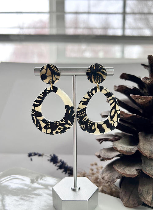 Black and Beige Lace Teardrop Wedding Earrings, Black Clay Bridal Dangles, Handmade Jewelry