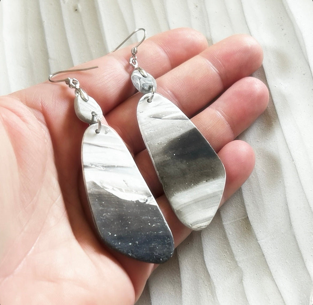 Marbled Clay Dangle Earrings: Gray Black White Boho Jewelry