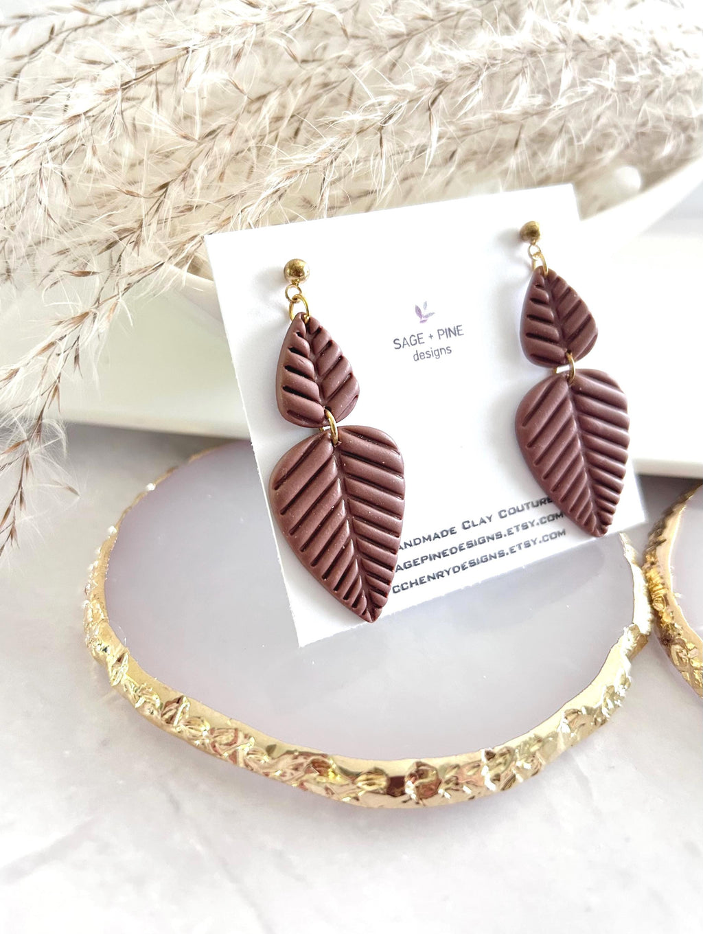 Chocolate Brown Leaf Earrings, Fall Leaves Stud Drop Dangles, Handmade Clay Boho Jewelry