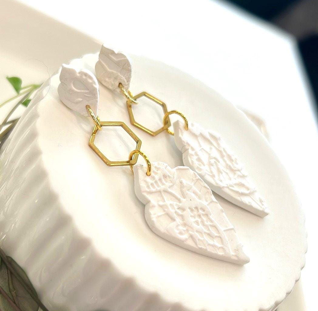 White and Gold Long Earrings, Modern Geometric Clay Dangles, Floral Embossed Handmade Jewelry