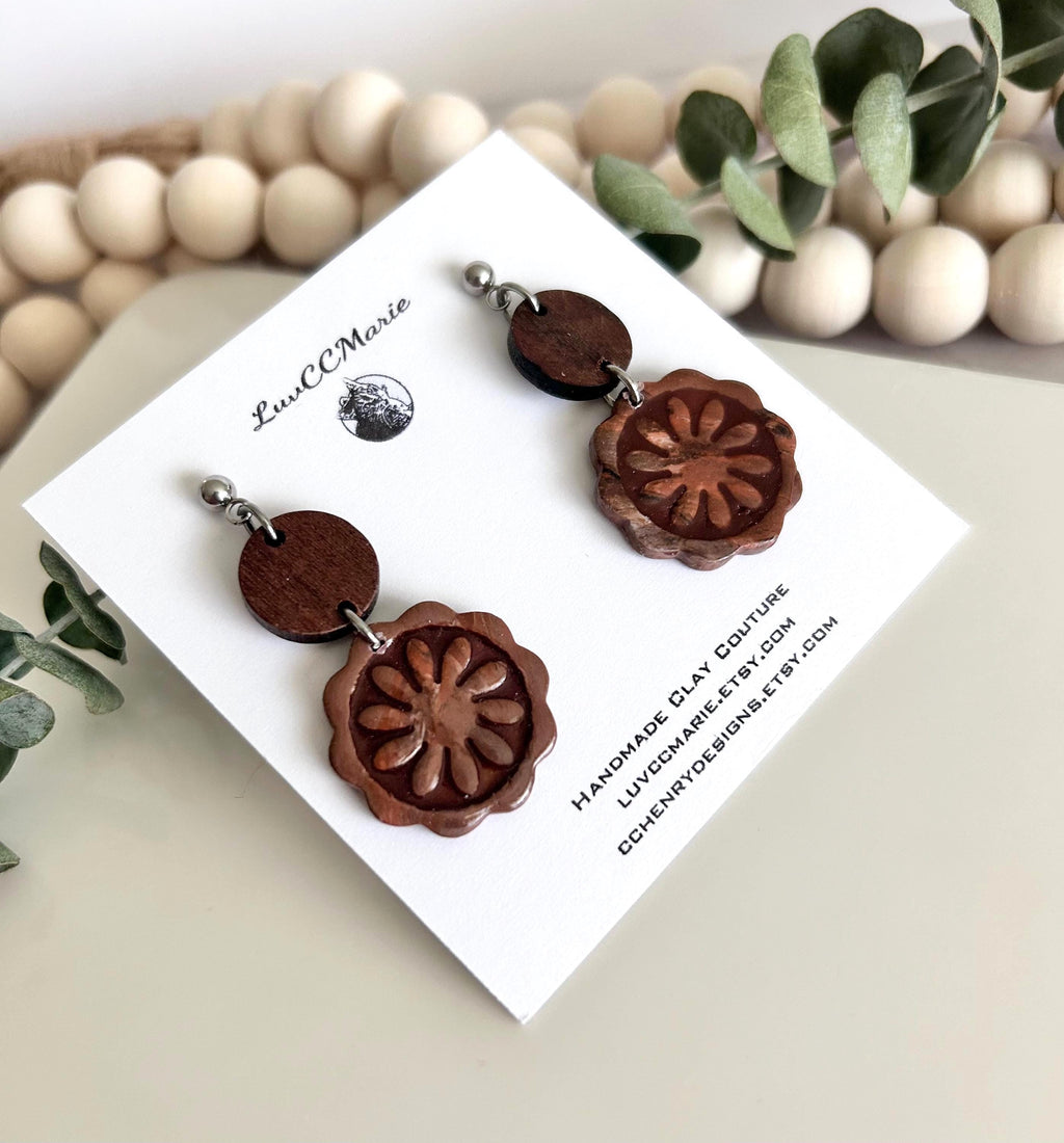 Dark Brown Clay and Wood Dangle Earrings, Santorini Tile Dangles, Fall Neutral Handmade Jewelry Gift