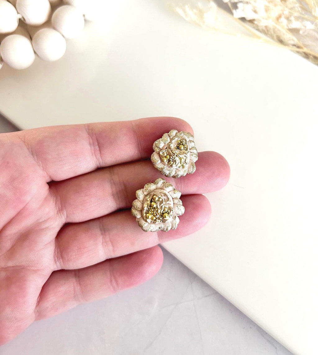 Gold Flower Stud Earrings, Abstract Clay Studs, Handmade Jewelry